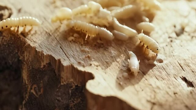 Insect larvae crawl on a tree cut in search of food. Close-up of insect larvae located on the surface of a wooden section. The wood has a rough texture, and insects are scattered on its surface.