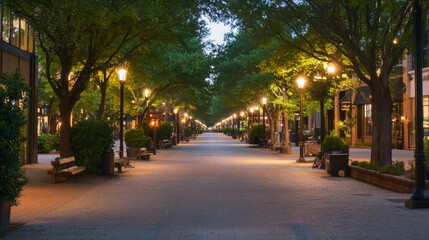 Harmony of Nature and Technology: Illuminated City Avenues at Dusk with Glowing Trees and Pedestrians