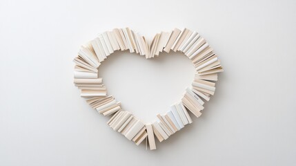 Heart-shaped book arrangement on white background for literary love and education themes