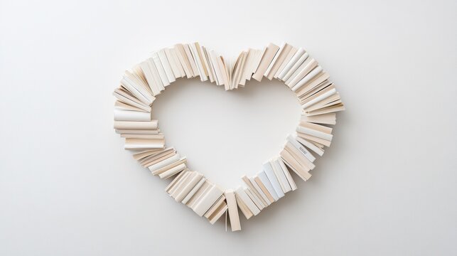 Heart-shaped book arrangement on white background for literary love and education themes
