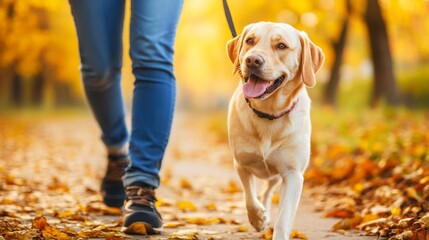 Happy Labrador Retrieving Walking on a Leafy Path with Owner in Autumn Park Surrounded by Golden Leaves and Warm Sunlight, Ideal for Nature and Pet Lovers