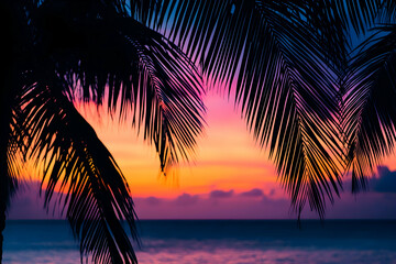 Tropical Sunset View Framed By Silhouetted Palm Leaves Against A Vibrant Sky Over The Ocean Horizon. Generative AI
