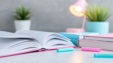 Cozy study space with open book, notebooks, and pastel highlighters on desk