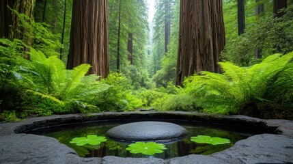 Serene forest pond with lush ferns and towering redwood trees