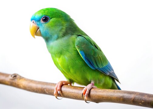 A captivating Forpus Parrotlet portrait, sharply focused against a pristine white backdrop.
