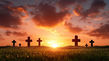 Sunset over crosses in a peaceful graveyard: serene silhouettes against vibrant sky