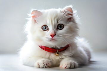 A captivating red-collared American Curl kitten, sharply focused against a pure white backdrop.