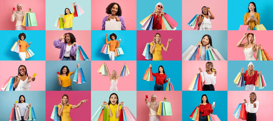 A diverse group of people joyfully holding colorful shopping bags celebrates their purchases during a Black Friday event. The vibrant backdrop enhances the lively atmosphere of consumer excitement.