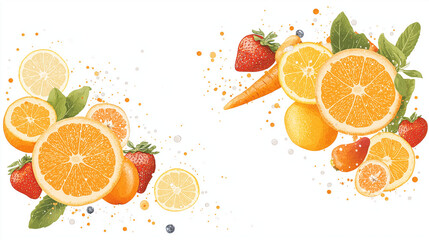 Citrus Burst: A vibrant explosion of fresh oranges, strawberries, lemons, and carrots, creating a dynamic and delicious visual feast. Perfect for showcasing healthy eating, juice, or summer vibes. 