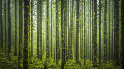 Obraz premium Lush green forest with tall trees and vibrant moss covering ground