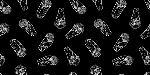 Kebab Pattern background. burrito pattern background. shawarma pattern background. Rolled Sandwich doodle illustration pattern.