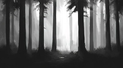 foreboding pine forest interior with tall, straight trees and mist