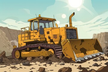 Cartoon Bulldozer Clearing Debris in Rugged Landscape