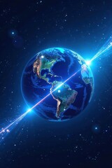 Fototapeta premium A vibrant blue streak of light races around the globe , energy, space