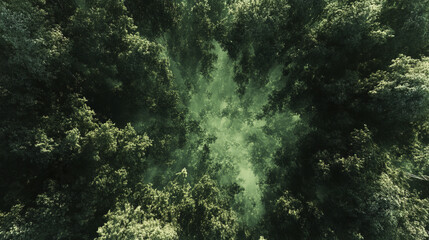 Aerial view of lush green forest with dense trees and misty atmosphere