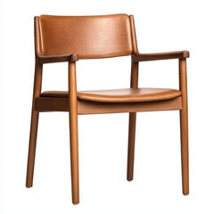 Stylish Wooden Chair with Brown Leather Seat and Armrests