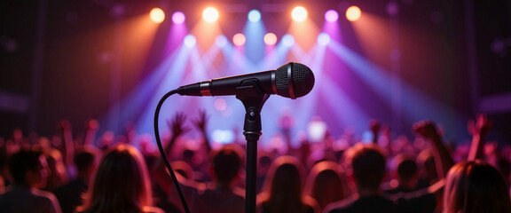 Obraz premium Single microphone on stage with colorful lights, Super Bowl Music Fest