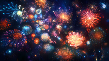 Fototapeta premium Colorful fireworks in various shapes on a dark background,. Starshade. Illustration