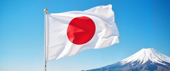 Japanese flag waving in the wind with Mount Fuji backdrop, national pride