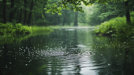 serene forest pond with rain gently falling, creating ripples on surface