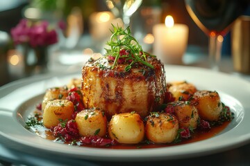 Obraz premium Elegant Fine Dining Dish with Intricate Garnishes