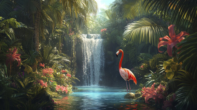 picturesque rainforest setting with striking pink flamingo and waterfall