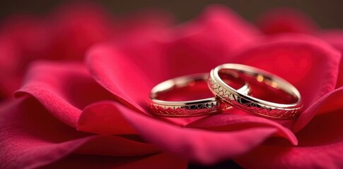Close-up of intertwined rings resting on rose petals, Valentine's, background