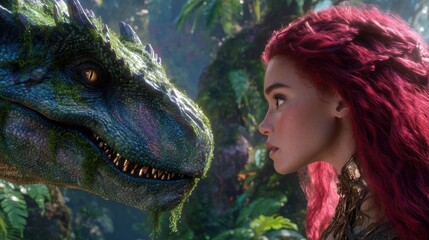 Human and dinosaur face-off in lush jungle fantasy scene