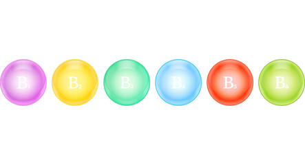 Vector set of round vitamin B group icons. Round multicolored pills. Vector illustration.