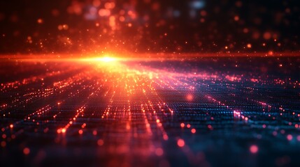 Fototapeta premium Abstract digital landscape with glowing particles and light rays.