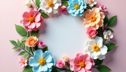 Colorful floral wreath with pastel shades and happy flowers, spring decoration, party decor