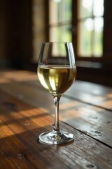 Crisp white wine in a glass, long rustic table, liquid, still life