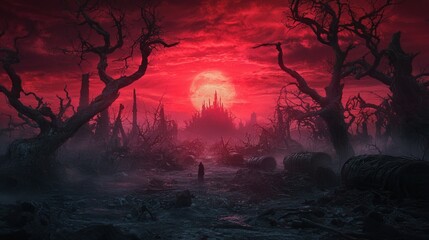 Crimson Dawn of Desolation: Epic Dark Fantasy Artwork of Lone Survivor in a Twisted Battlefield Setting with Cinematic Detail
