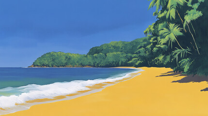 Naklejka premium serene sea landscape featuring vibrant yellow sand and lush greenery