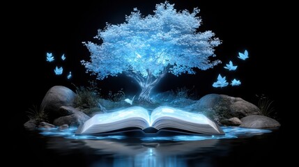 Enchanted book and glowing tree in mystical night scene