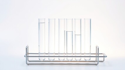 Six Test Tubes in a Metal Rack Hold Clear Liquid