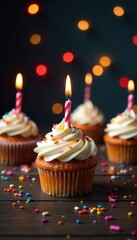 Delicious birthday cupcake on wooden table with candles lit, celebration, table