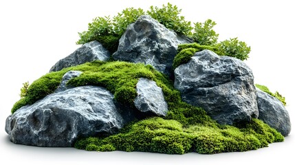 Mossy rocks on a lush green hillside, isolated on white background, showcasing detailed texture, vibrant green moss, and soft natural lighting for a zen garden aesthetic.