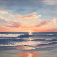 A serene seascape at sunset, showcasing gentle waves and colorful clouds reflecting in the water.