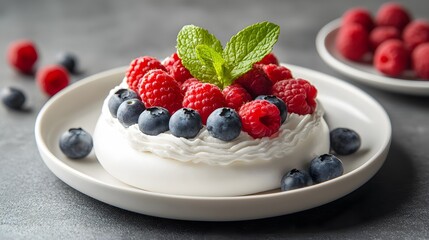 Pavlova cake topped with fresh raspberries, blueberries, and mint leaves, presented on a white plate with clean background, high-key lighting, and crisp details for professional food styling.