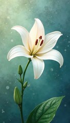 Elegant white lily with soft watercolor style background, gentle, flower