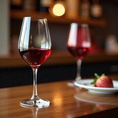 Elegant white wine glass on a wooden table with red wine glasses in the background, glasses, wine