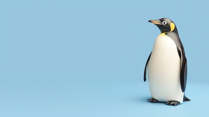 Obraz premium A solitary penguin stands against a light blue background, showcasing its distinctive black and white plumage and vibrant yellow markings.