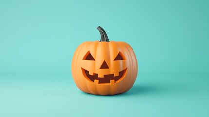 A bright orange Halloween pumpkin with a carved face sits against a light turquoise background, embodying festive autumn spirit.