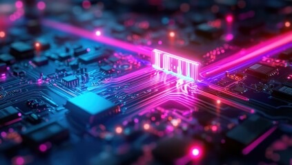 Obraz premium Neon Lights and Circuits on a Motherboard