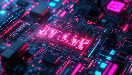 Fototapeta premium Neon Glowing Circuit Board with HELP Message