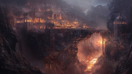 Fototapeta premium Ancient Hillside Temple: Warrior's Torchlight, Gargoyle Demons, Cinematic Dark Fantasy Artwork with Ultra-Detailed Murals