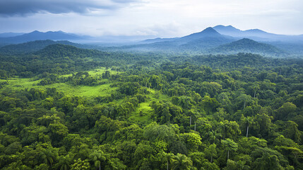 Fototapeta premium Aerial view of lush tropical forest with rich greenery and mountains