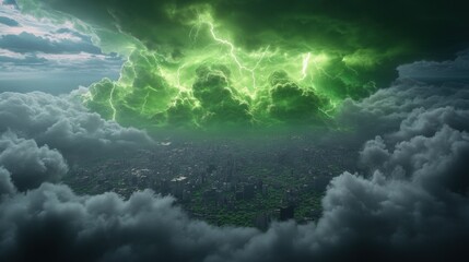 Naklejka premium Eerie green thunderstorm clouds looming over cityscape