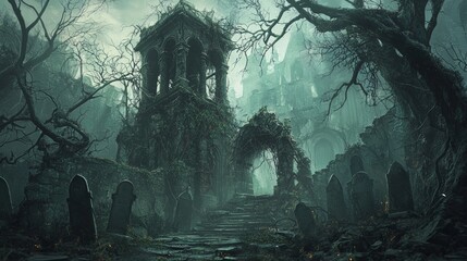 Obraz premium Shadows of the Forgotten: Warrior in a Dark Fantasy Graveyard Among a Half-Collapsed Bell Tower